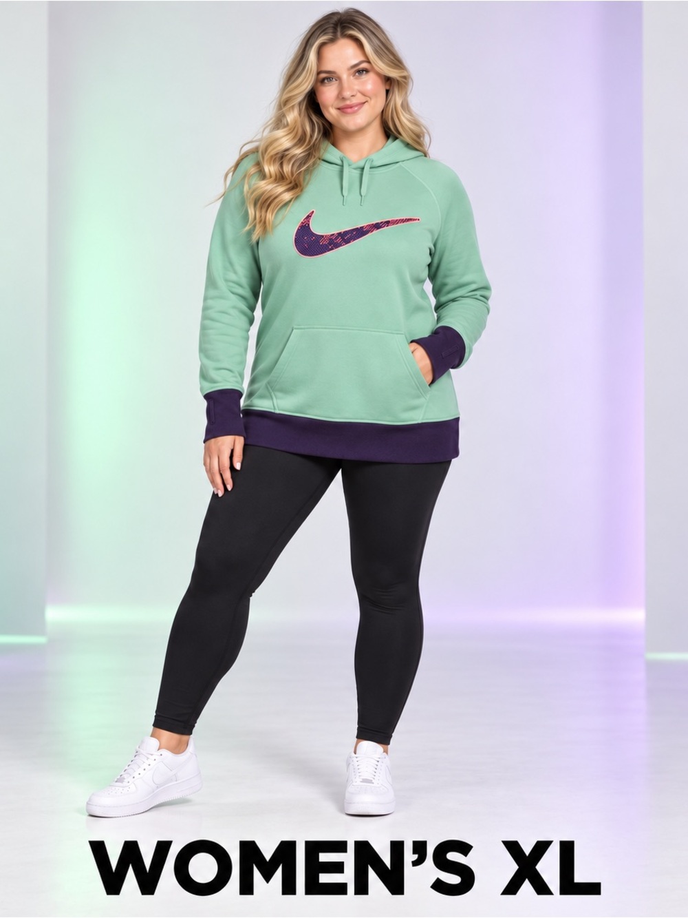 Nike Women's Mint Green Hoodie with Purple Trim and Pink Swoosh - XL